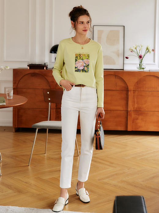 欧芮儿印花针织t恤女秋季2022新款宽松时尚纯棉圆领长袖打底上衣 商品图1