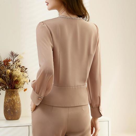 百姿 气质名媛蕾丝V领衬衫女2023早秋新款通勤长袖女装上衣231230 商品图3