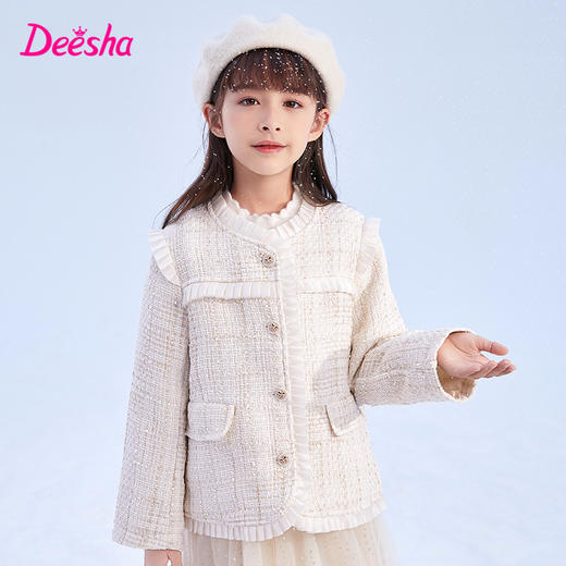 笛莎Deesha 童装女童外套2023冬季新款木耳边金丝格纹小香外套 商品图2