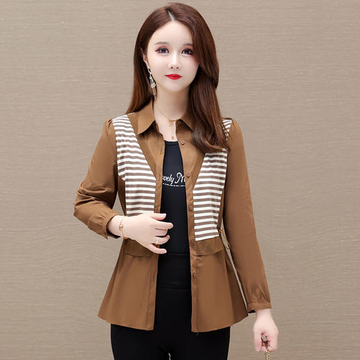 条纹拼接修身时尚衬衫，POLO领长袖单排扣气质小衫QYM- KSY-LH23B08-L 商品图0