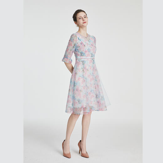 司歌印花网纱亮片先手中袖连衣裙A881188 商品图4