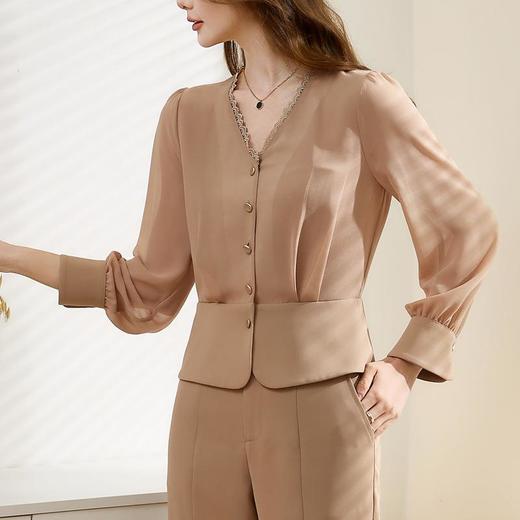 百姿 气质名媛蕾丝V领衬衫女2023早秋新款通勤长袖女装上衣231230 商品图1