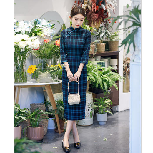 GX扎染格子旗袍2023秋新款时改良中式长款七分袖女士日常民国风旗袍 商品图0