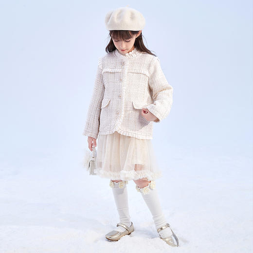 笛莎Deesha 童装女童外套2023冬季新款木耳边金丝格纹小香外套 商品图0
