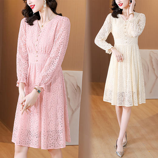 法式气质，秋季新款简约时尚洋气优雅V领纯色蕾丝连衣裙AHM-bynz5805 商品图3