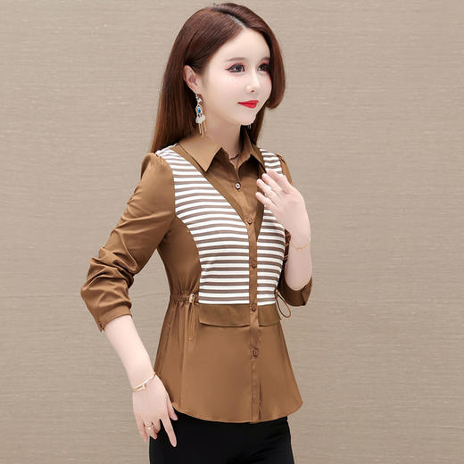 条纹拼接修身时尚衬衫，POLO领长袖单排扣气质小衫QYM- KSY-LH23B08-L 商品图2