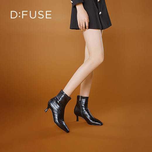 DFuse冬方头细跟弹力瘦瘦靴高跟短靴女显高显瘦绒面DF34116105 商品图9