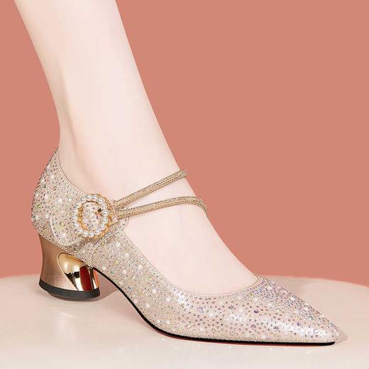 DD-头层牛皮尖头女士满钻高跟鞋2023春季新款中跟魔术贴单鞋 商品图4