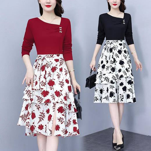 时尚复古印花拼接，假两件不规则连衣裙AHM-9823 商品图2