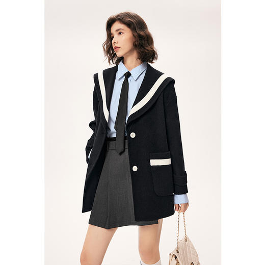 【严选】诗凡黎冬学院风海军领设计撞色边设计双面呢大衣SE9170091 商品图0