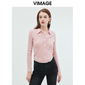 VIMAGE纬漫纪简约POLO翻领修身纯色显瘦舒适羊毛针织开衫秋新款VC2301212