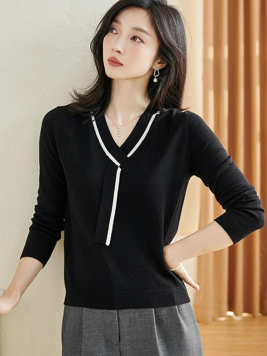 慵懒撞色针织衫 V领+飘带显脸小/显比例 米思阳2026春季新款简约设计感针织衫撞色v领长袖修身上衣女2773 商品图1