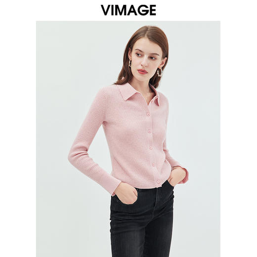 VIMAGE纬漫纪简约POLO翻领修身纯色显瘦舒适羊毛针织开衫秋新款VC2301212 商品图2