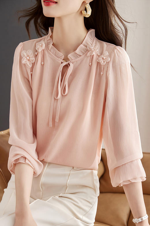 秋季新款，长袖雪纺衫系带木耳甜美淑女上衣时尚洋气小衫KQL-B15N2822 商品图0