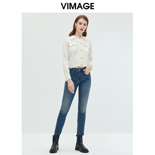 VIMAGE纬漫纪可机洗羊毛衫时尚显瘦白色polo翻领针织开衫秋新款VC2301208 商品图4