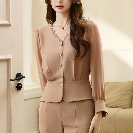 百姿 气质名媛蕾丝V领衬衫女2023早秋新款通勤长袖女装上衣231230 商品图2