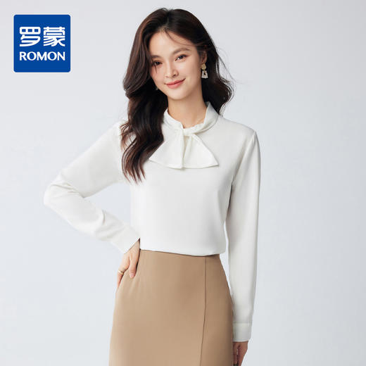 【简约优雅】罗蒙女士长袖衬衫蝴蝶结领口知性大方时尚通勤长袖衬衫女 商品图0