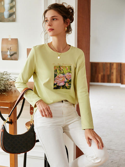 欧芮儿印花针织t恤女秋季2022新款宽松时尚纯棉圆领长袖打底上衣 商品图2