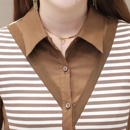 条纹拼接修身时尚衬衫，POLO领长袖单排扣气质小衫QYM- KSY-LH23B08-L 商品图3