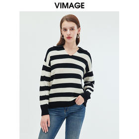 VIMAGE纬漫纪秋季新款100%棉羊毛撞色条纹显瘦百搭基础简约针织衫VC2301210