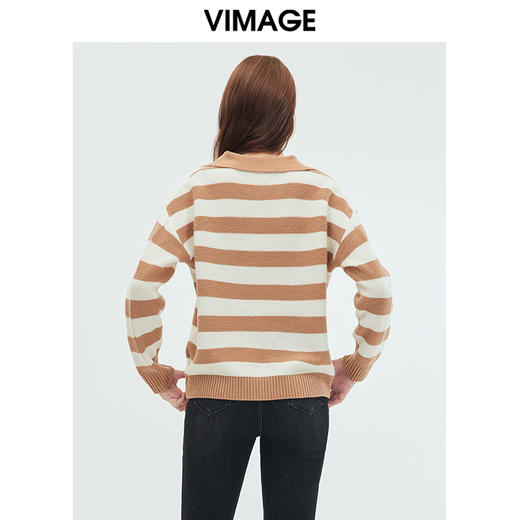 VIMAGE纬漫纪秋季新款100%棉羊毛撞色条纹显瘦百搭基础简约针织衫VC2301210 商品图9