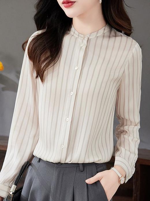 LS-9020重磅丝绸条纹真丝衬衫2023秋季新款通勤小衫气质桑蚕丝上衣 商品图0