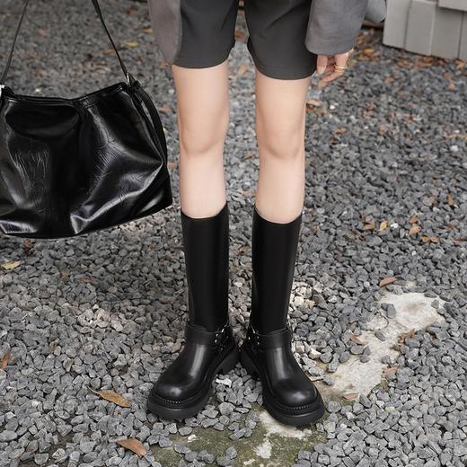 西遇厚底骑士靴女2023新款秋季美式复古机车宽筒中筒靴棕色长靴子21933990 商品图1