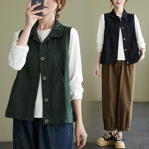 SMZ10006 2023秋新款文艺无袖马甲女士单排扣气质叠穿Polo领开衫马夹背心潮 商品图0