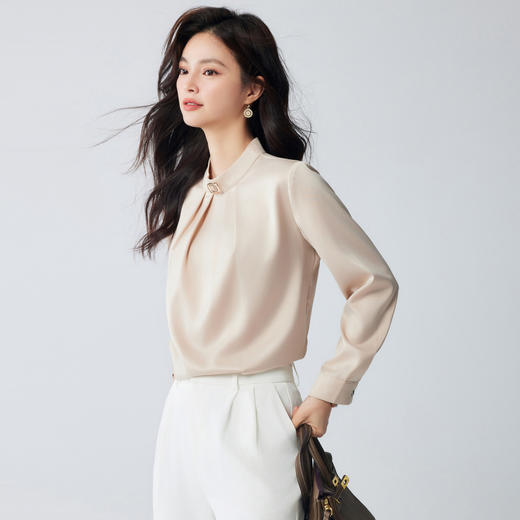 【知性优雅】罗蒙女式长袖衬衫舒适百搭商务通勤圆领长袖衬衫女 商品图2