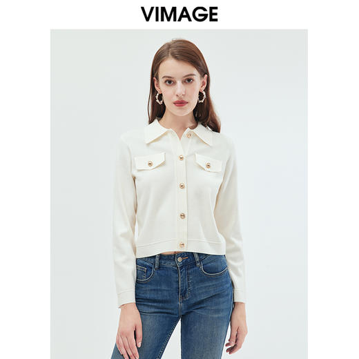 VIMAGE纬漫纪可机洗羊毛衫时尚显瘦白色polo翻领针织开衫秋新款VC2301208 商品图0