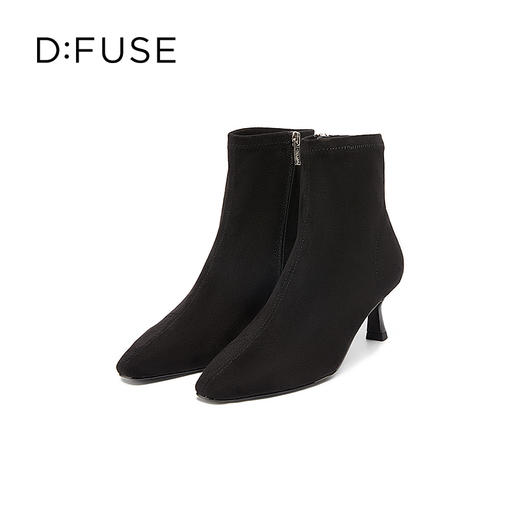 DFuse冬方头细跟弹力瘦瘦靴高跟短靴女显高显瘦绒面DF34116105 商品图2