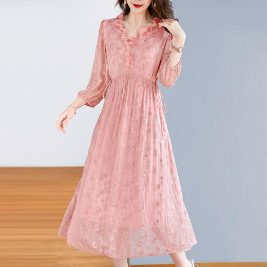 DD-新款真丝玫瑰刺绣顺纡缎连衣裙女气质桑蚕丝绣花裙子 商品图1