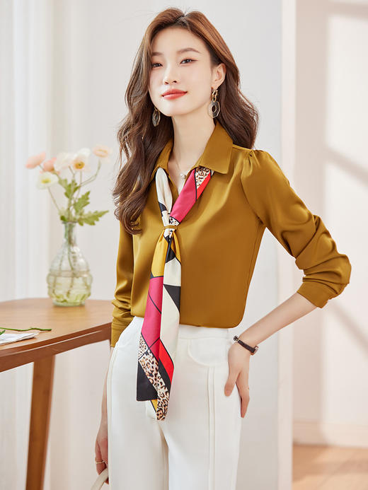 姜黄色长袖衬衫，早秋季设计感小众休闲通勤上衣职业轻熟套装QL-Q-6901 商品图0