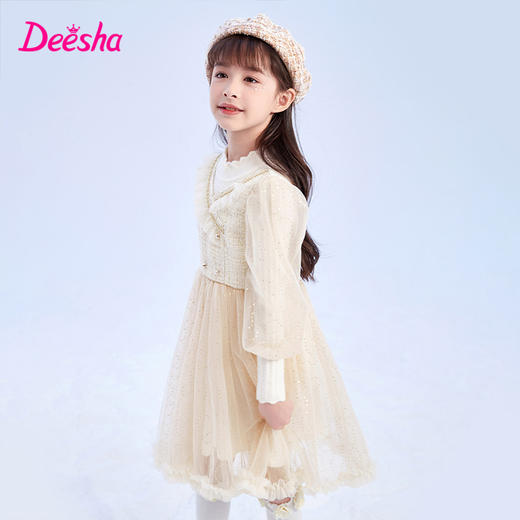 笛莎Deesha 童装女童连衣裙2023冬季针织香风拼接网纱连衣裙 商品图1