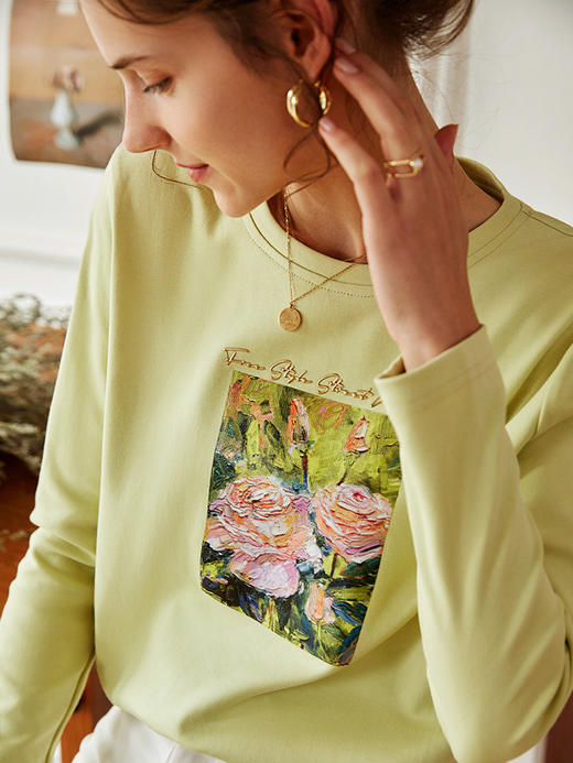 欧芮儿印花针织t恤女秋季2022新款宽松时尚纯棉圆领长袖打底上衣 商品图0