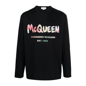 ALEXANDER MCQUEEN 亚历山大.麦昆 男士字母徽标印花圆领长袖T恤 黑色 750668 QVZ15 0901