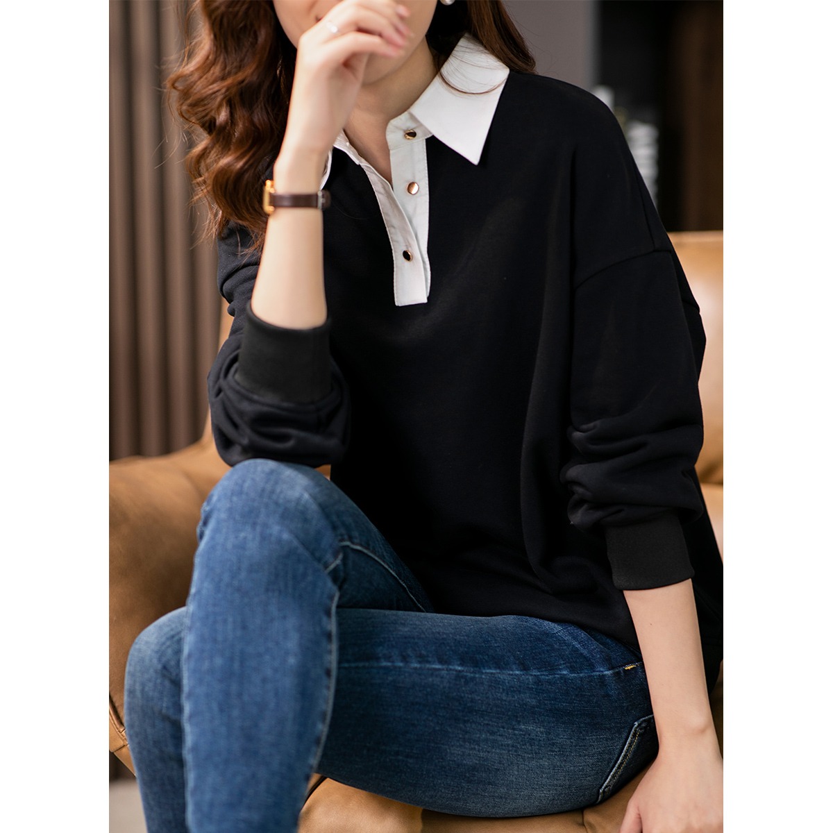 【现货7天】长袖T恤女2023秋季新款韩版宽松时尚黑色休闲百搭体恤上衣