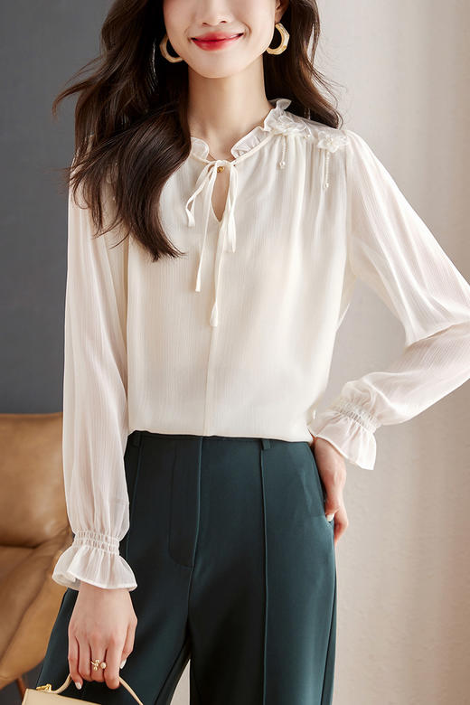 秋季新款，长袖雪纺衫系带木耳甜美淑女上衣时尚洋气小衫KQL-B15N2822 商品图3