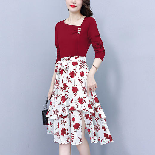 时尚复古印花拼接，假两件不规则连衣裙AHM-9823 商品图0