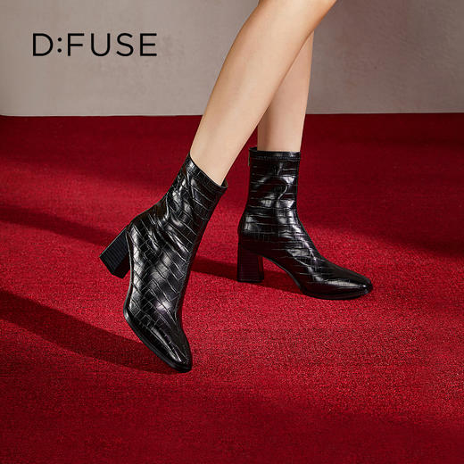 DFuse迪芙斯冬款方头鳄鱼纹粗跟短靴女DF34116048 商品图10