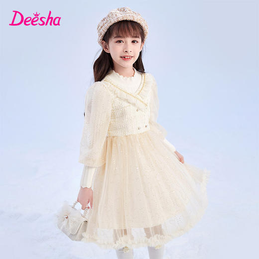 笛莎Deesha 童装女童连衣裙2023冬季针织香风拼接网纱连衣裙 商品图0