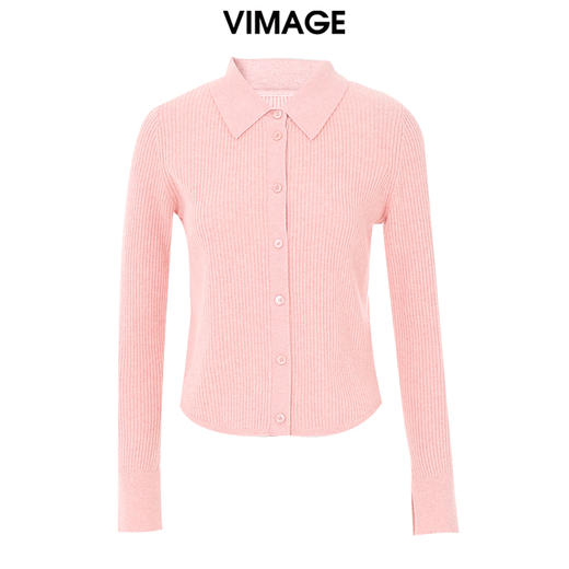 VIMAGE纬漫纪简约POLO翻领修身纯色显瘦舒适羊毛针织开衫秋新款VC2301212 商品图5