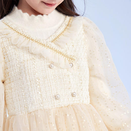 笛莎Deesha 童装女童连衣裙2023冬季针织香风拼接网纱连衣裙 商品图3