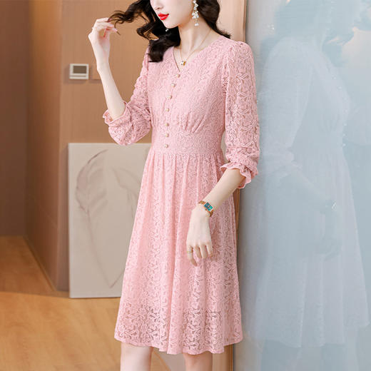 法式气质，秋季新款简约时尚洋气优雅V领纯色蕾丝连衣裙AHM-bynz5805 商品图0