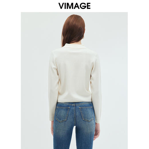 VIMAGE纬漫纪可机洗羊毛衫时尚显瘦白色polo翻领针织开衫秋新款VC2301208 商品图5