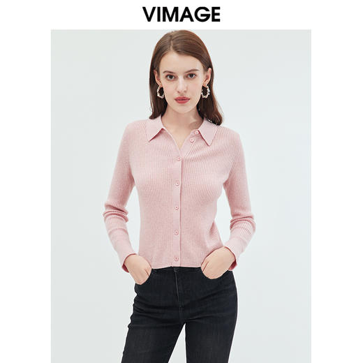 VIMAGE纬漫纪简约POLO翻领修身纯色显瘦舒适羊毛针织开衫秋新款VC2301212 商品图3