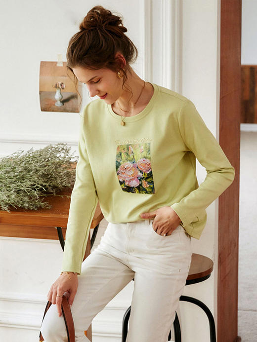 欧芮儿印花针织t恤女秋季2022新款宽松时尚纯棉圆领长袖打底上衣 商品图3