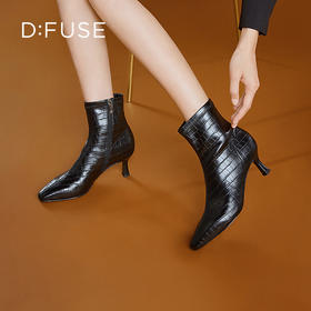 DFuse冬方头细跟弹力瘦瘦靴高跟短靴女显高显瘦绒面DF34116105