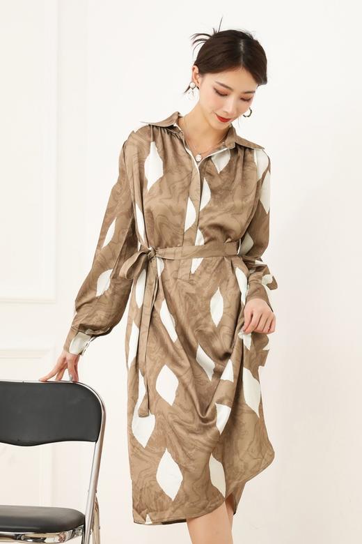 ELLA JADE 浅咖色翻领光泽抽象印花连衣裙 13535 商品图1