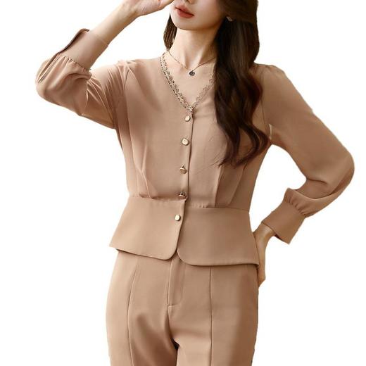 百姿 气质名媛蕾丝V领衬衫女2023早秋新款通勤长袖女装上衣231230 商品图4